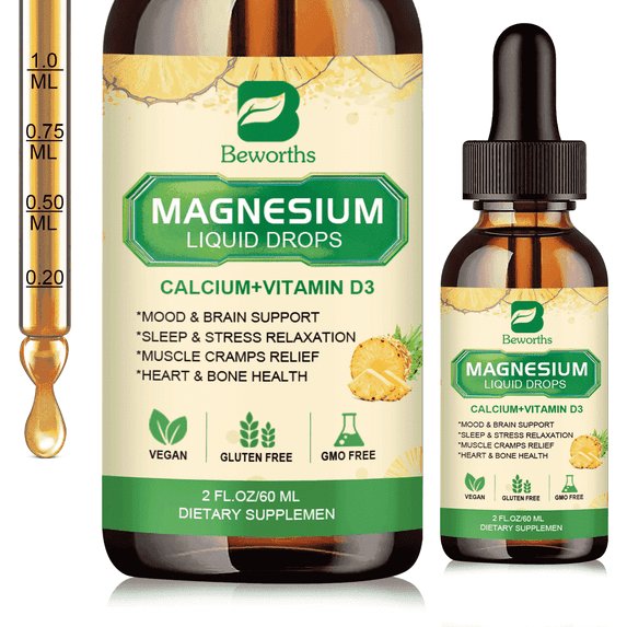 Magnesium Citrate Liquid Drops with Calcium, Potassium, Vitamin D3 & Zinc - Support Bone, Energy & Muscle - 2 fl oz