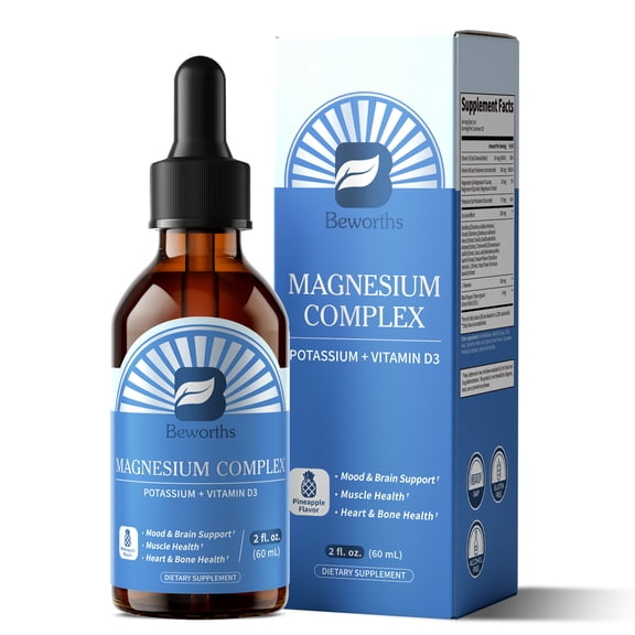 B Beworths Magnesium Complex Liquid Drops with Vitamin D3, Potassium & B6, Pineapple, 2 fl oz