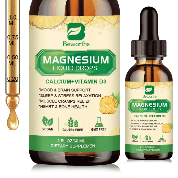 Magnesium Liquid Drops, with Magnesium Citrate, Calcium, Potassium, Vitamin D3, Zinc, for Bone, Energy, Muscle Support, 2 fl oz