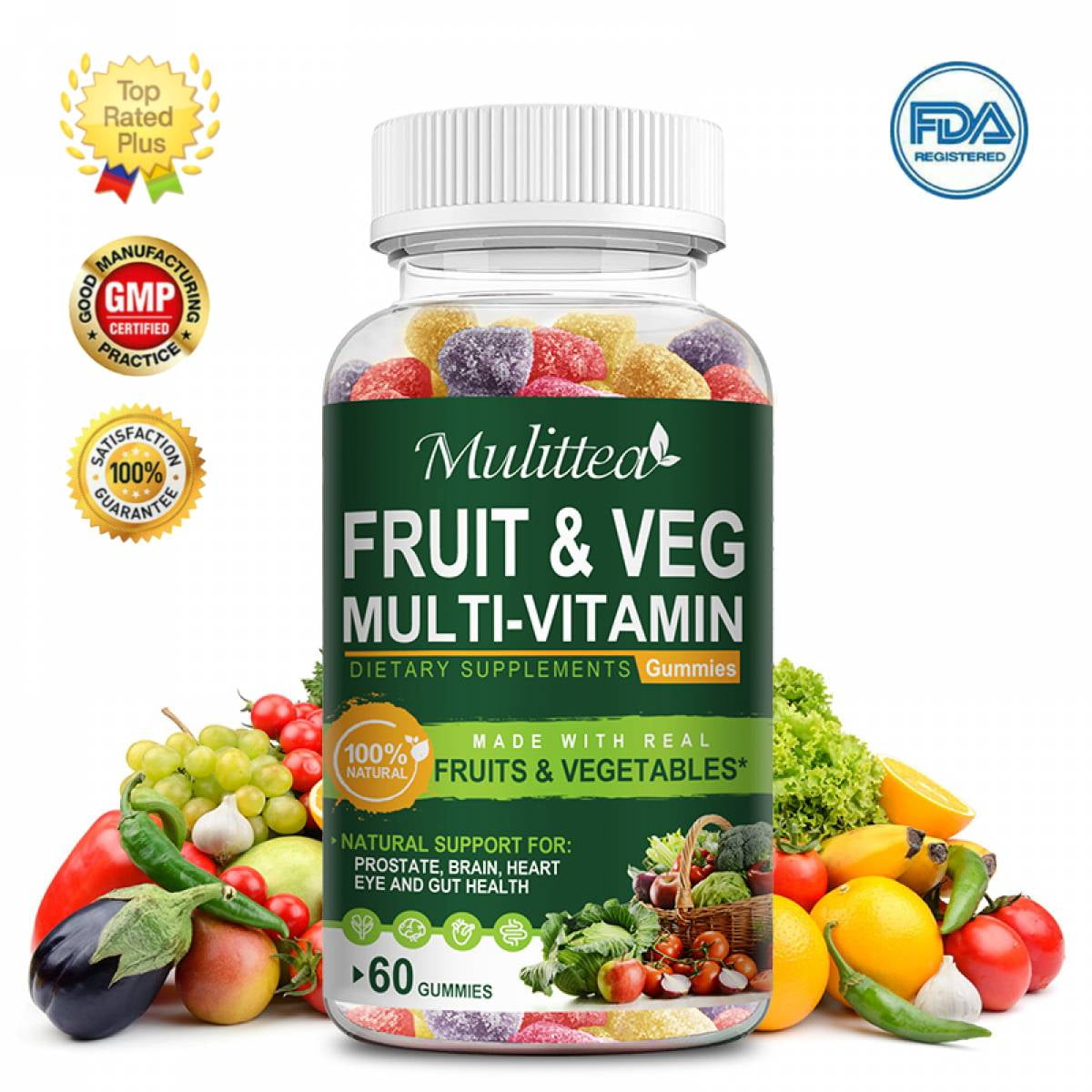 Mulittea NonGMO Food Based Supplement, Fruit & Vegetable Gummies, Rich