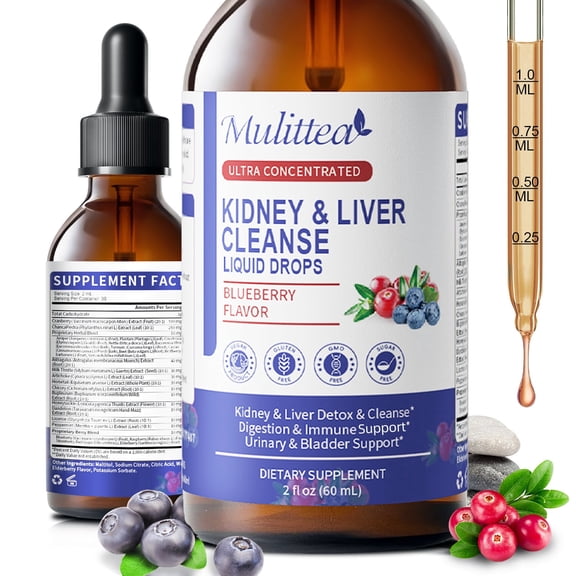 Kidney & Liver Support Drops - Mulittea 27-in-1 Detox & Cleanse Formula with Chanca Piedra & Cranberry Extract - Supports Urinary Tract Health & Natural Flushing - Vegan, Alcohol-Free - 2 fl oz