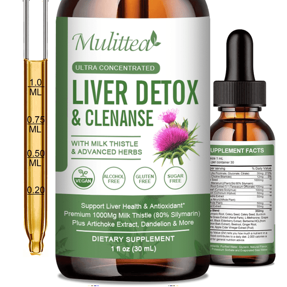 Mulittea Liver Health Liquid Drops -Support Liver Detox & Cleanse & Repair with Artichoke Milk Thistle Silymarin Extract, Dandelion,Turmeric, Berberine, 21-in-1 Potent Herb-Nutrients, 1 Fl oz
