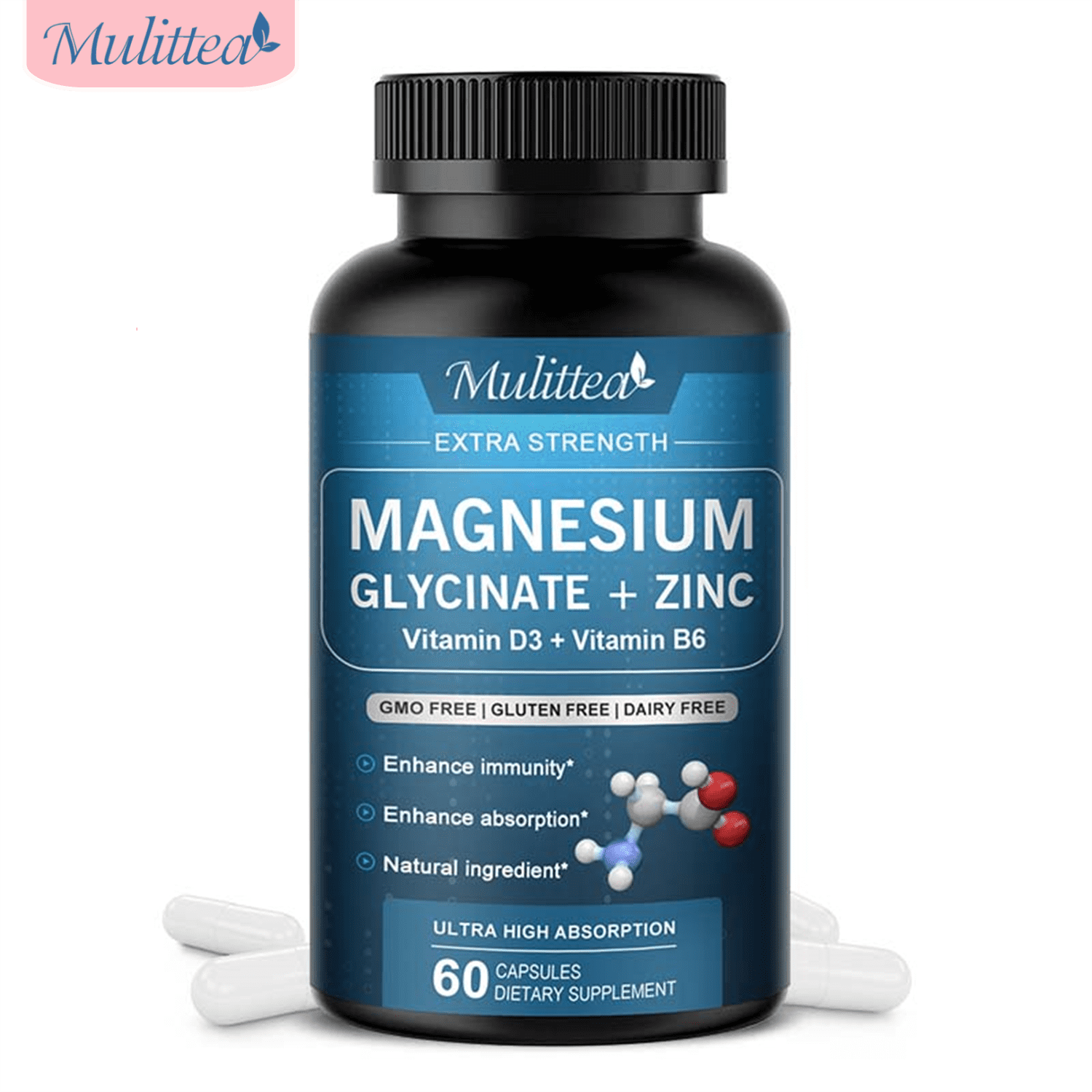 Mulittea Magnesium Glycinate 500mg with Zinc, Vitamin D3+ Vitamin B6, High Absorption 60 Vegan Capsules (Gluten Free & Non-GMO), Enhance Immunity