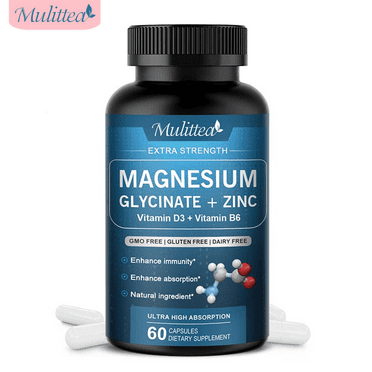 Mulittea Magnesium Glycinate 500mg with Zinc, Vitamin D3+ Vitamin B6, High Absorption 60 Vegan Capsules (Gluten Free & Non-GMO), Enhance Immunity