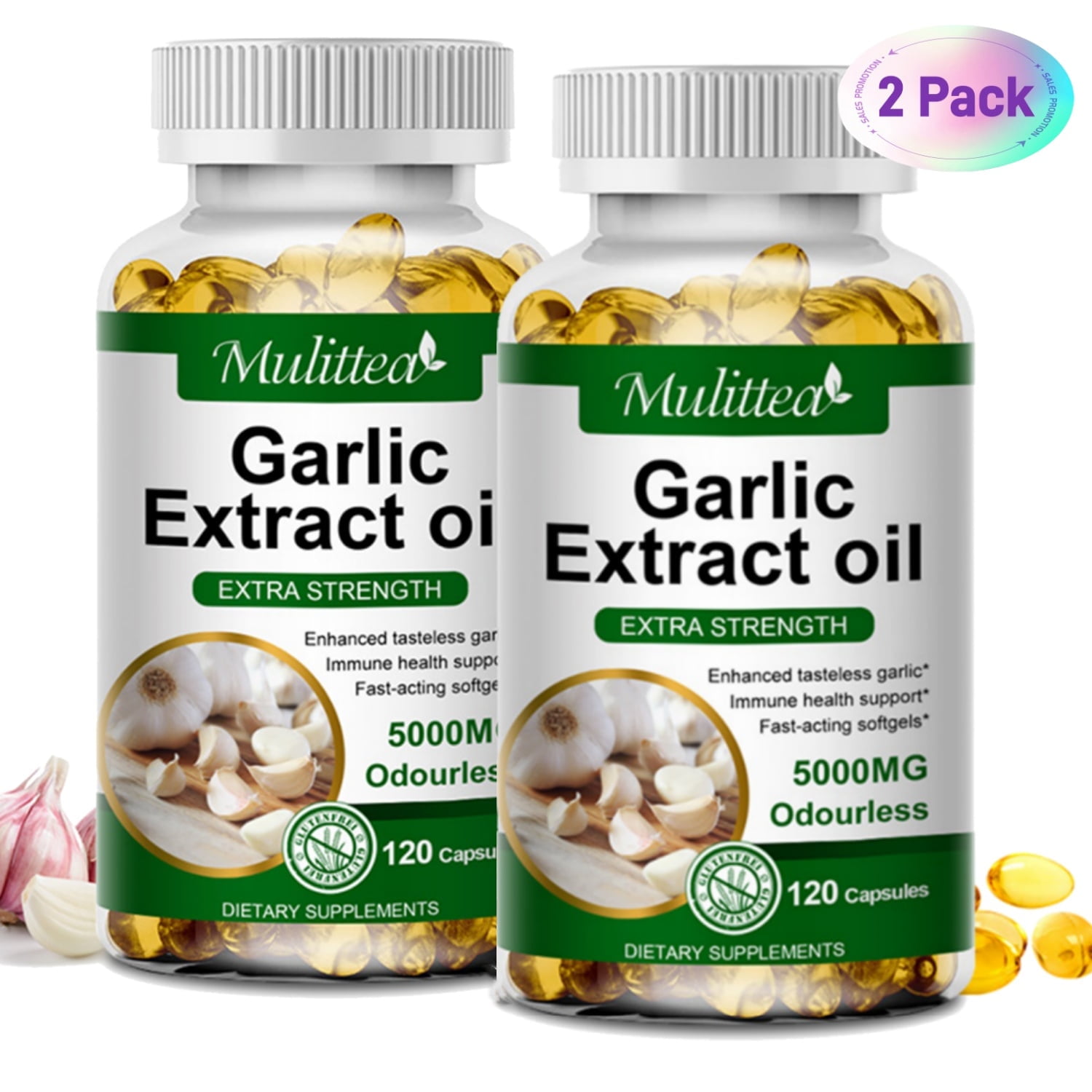 Mulittea Organic Garlic Capsules 5000mg for Healthy Cardiovascular and Cardiac Vitality, 240 Capsules