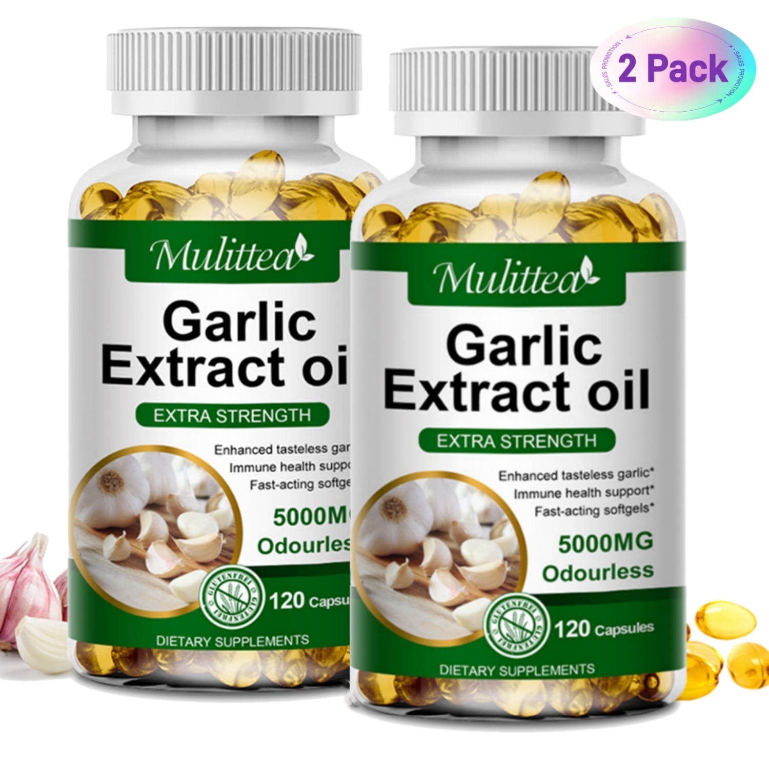 Mulittea Organic Garlic Capsules 5000mg for Healthy Cardiovascular and Cardiac Vitality, 240 Capsules