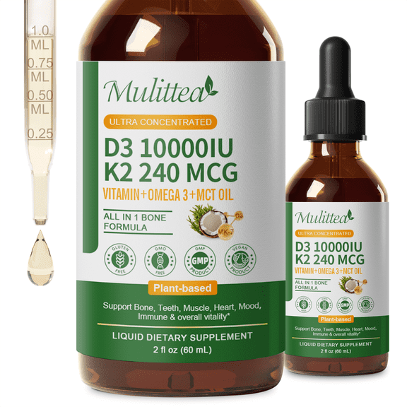 Mulittea Vitamin D3 + K2 + Omega-3 Supplement | Vegan Vitamin D3 K2 Liquid with Omega-3 Flaxseed, 10000 IU Vitamin D Liquid for Bones, Muscles, 2 Fl Oz