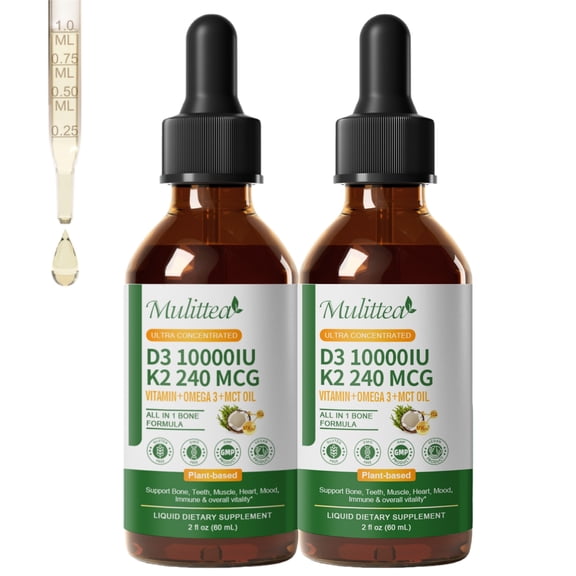 Mulittea Vitamin D3 + K2 + Omega-3 Supplement | Vegan Vitamin D3 K2 Liquid with Omega-3 Flaxseed, 10000 IU Vitamin D Liquid for Bones, Muscles, 4 Fl Oz