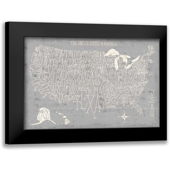 Mullan, Michael 14x11 Black Modern Framed Museum Art Print Titled - Hand Lettered USA Map Gray