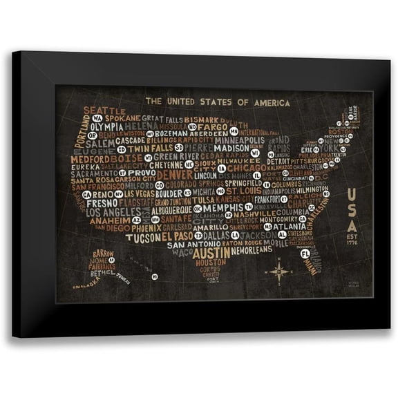Mullan, Michael 14x11 Black Modern Framed Museum Art Print Titled - US City Map Black