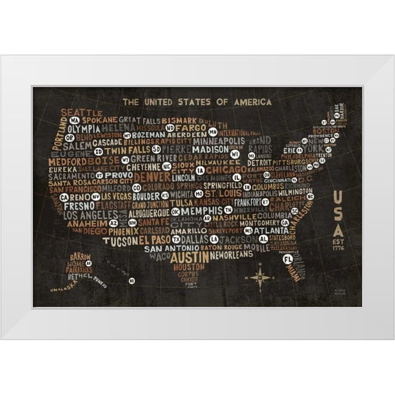 Mullan, Michael 14x11 White Modern Wood Framed Museum Art Print Titled - US City Map Black