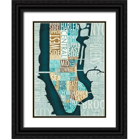 Mullan, Michael 19x24 Black Ornate Wood Framed with Double Matting Museum Art Print Titled - Manhattan Map Blue Brown