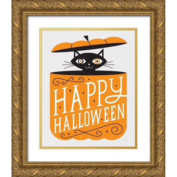 Mullan, Michael 20x24 Gold Ornate Wood Framed with Double Matting Museum Art Print Titled - Festive Fright Cat