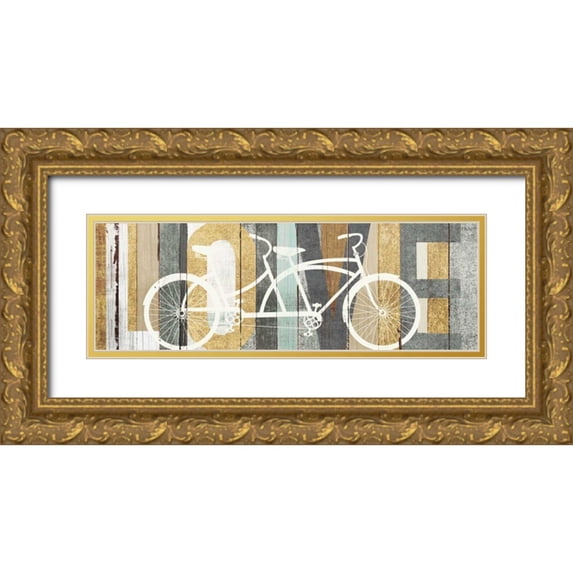 Mullan, Michael 24x11 Gold Ornate Wood Framed with Double Matting Museum Art Print Titled - Beachscape Tandem Bicycle Love Gold Neutral