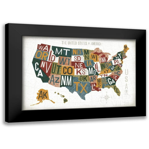 Mullan, Michael 24x17 Black Modern Framed Museum Art Print Titled - Letterpress USA Map Warm
