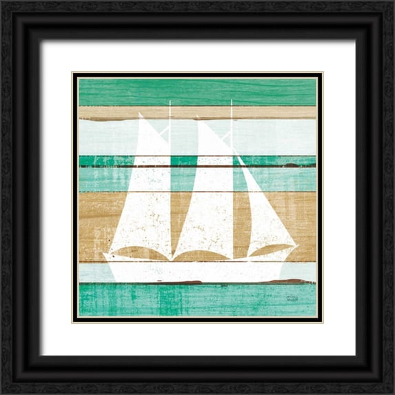 Mullan, Michael 26x26 Black Ornate Wood Framed with Double Matting Museum Art Print Titled - Beachscape V Boat Green