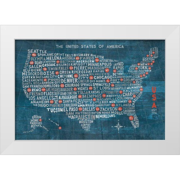 Mullan, Michael 32x23 White Modern Wood Framed Museum Art Print Titled - US City Map on Wood Blue