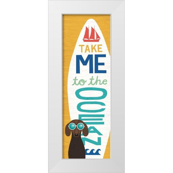 Mullan, Michael 7x14 White Modern Wood Framed Museum Art Print Titled - Beach Bums Dachshund Surf Board