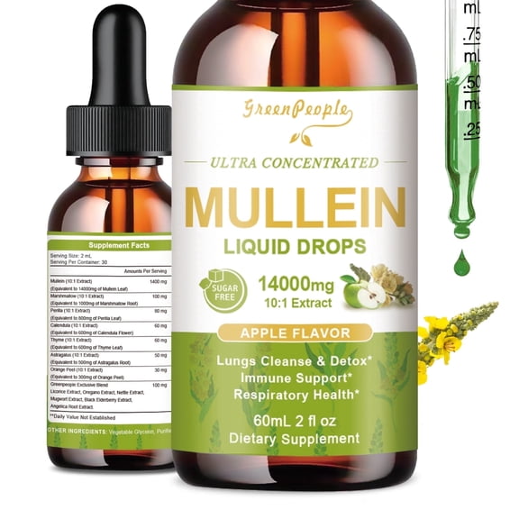 Mullein Drops 1400mg - 13-in-1 Herbal Mullein Leaf Extract Supplement - Apple Flavor - (2 fl oz / 60ml)