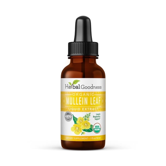 Herbal Goodness Mullein Leaf Extract Organic 1 fl.oz, Gordolobo, Drops for Lungs Detox, Respiratory Support