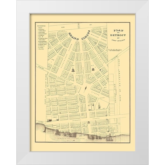 Mullet 12x14 White Modern Wood Framed Museum Art Print Titled - Detroit Michigan Plan - Mullet 1830