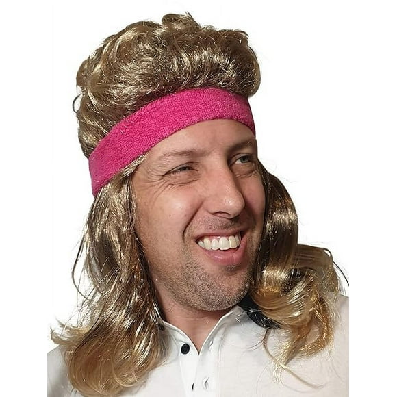 Mullet Wig 80s Vintage Rocker Long Blonde Brown Party Tennis Costume Pink Headband Included (Black)