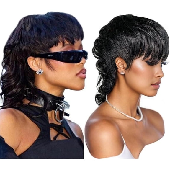 Mullet Wig Pixie Cut Wigs Human Hair Shaggy Layered 70s 80s 90s Short Curly Pixie Cut Wig With Bangs for Women Wear and Go Glueless Brazilian Human Hair Wigs Black 180% Density