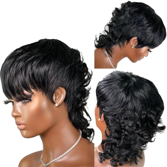 Mullet Wigs for Black Women - Pixie Cut, Short Wig with Bangs, Heat Resistant