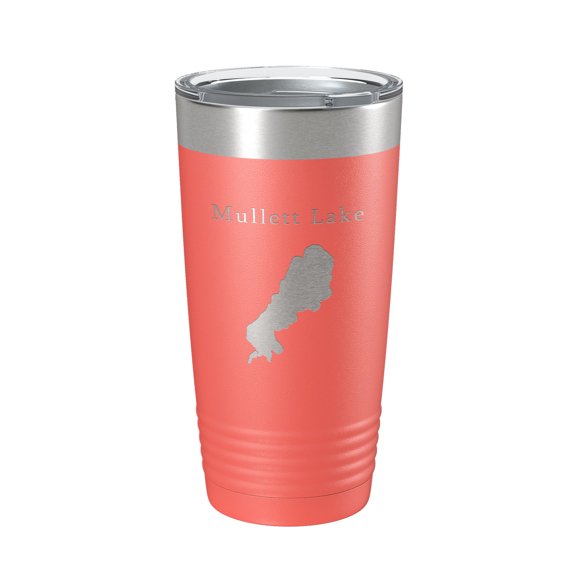 Mullett Lake Map Tumbler Travel Mug Insulated Laser Engraved Coffee Cup Michigan 20 oz Coral