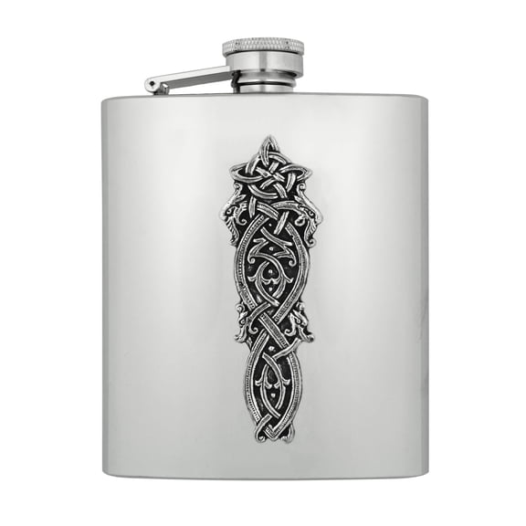 Mullingar Pewter Stainless Steel Whiskey Flask with Pewter Celtic Design