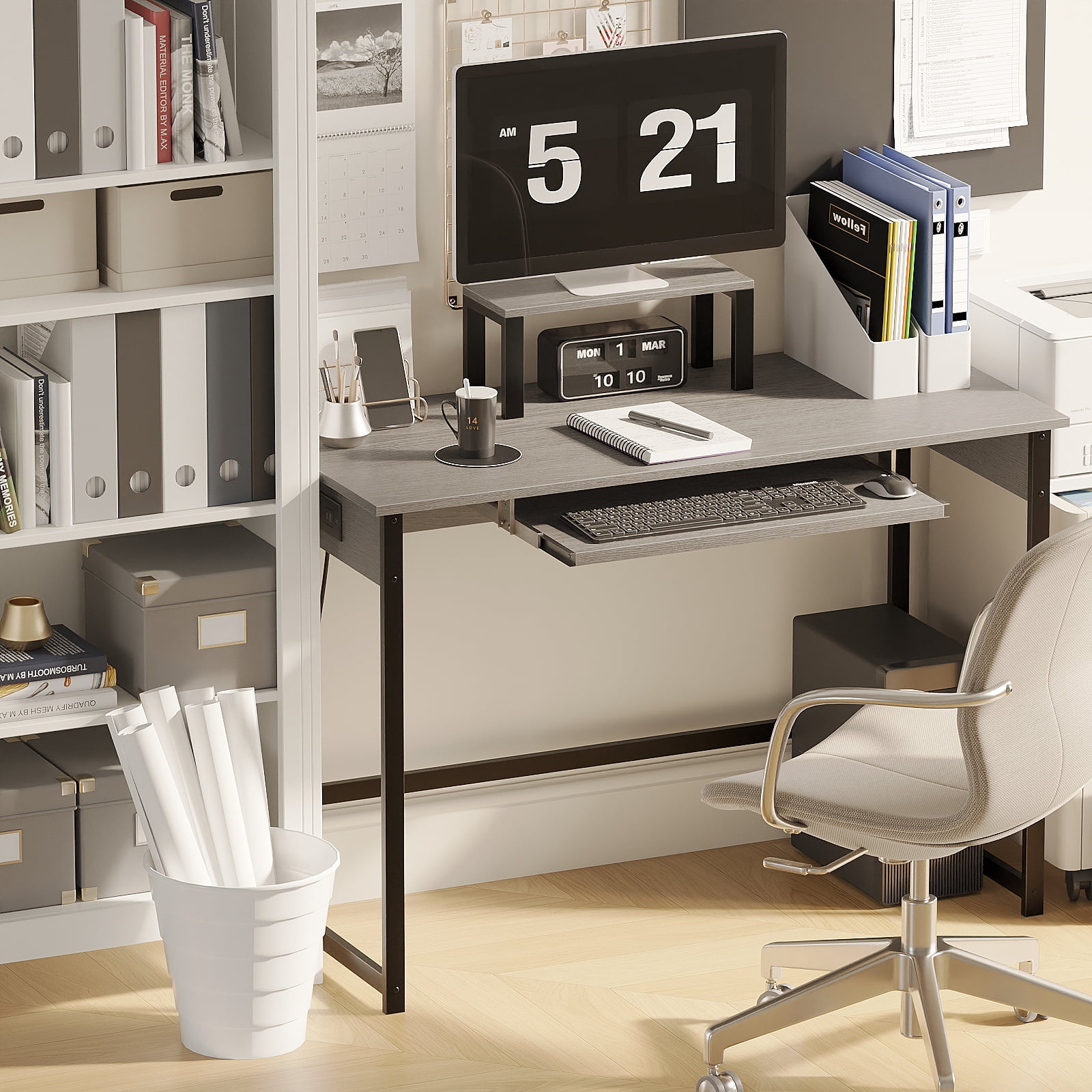 Mulorico Computer Desk with Monitor Stand, Keyboard Tray and Power ...