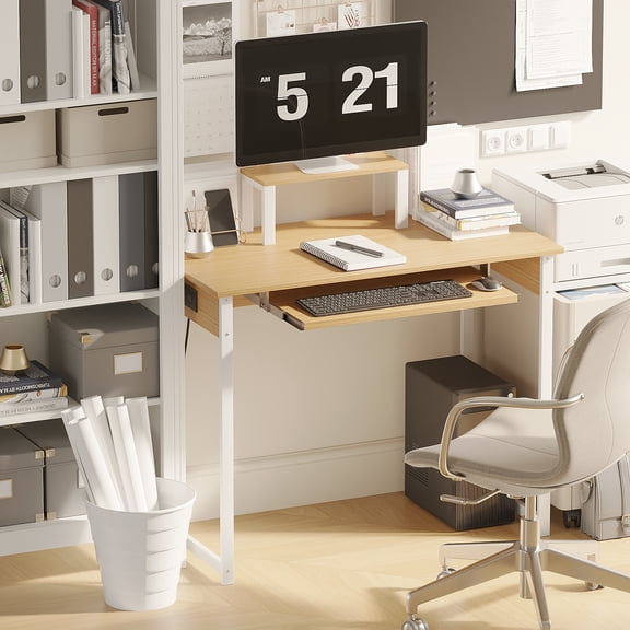 Mulorico Computer Desk with Monitor Stand, Pull-Out Keyboard Tray and Built-In Power Outlets, Home Office Writing Workstation for Adults