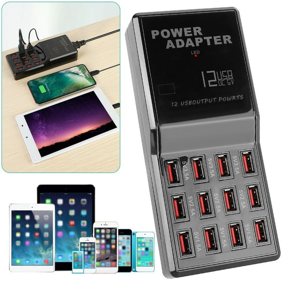 Multi 12 Port USB Charging Station Wall Cell Charger Organizer w/ 3.7ft Power Cord Black