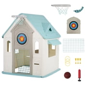 Multi-Activity Kids Playhouse with Mailbox, Windows & Basketball Hoop - Outdoor/Indoor Cottage for Toddlers, Ages 2+ Sturdy Backyard Playhouse - Green and White, Luxury Style, US Version
