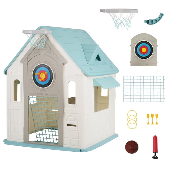 Multi-Activity Kids Playhouse with Mailbox, Windows & Basketball Hoop - Outdoor/Indoor Cottage for Toddlers, Ages 2+ - Sturdy Backyard Playhouse - Green and White, Luxury Style, US Version