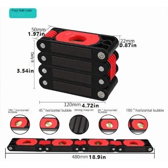Multi-Angle Foldable Magnetic Level Tool, 3/4/5/6 Fold Multi-Functional Spirit Level With 180°/90°/45° Vials, Portable High Precision Measuring Level For Woodworking, Construction, Home Renovation
