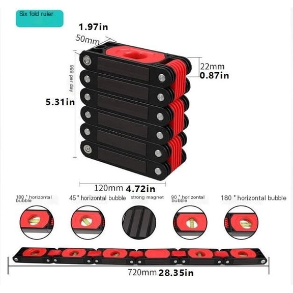 Multi-Angle Foldable Magnetic Level Tool, 3/4/5/6 Fold Multi-Functional Spirit Level With 180°/90°/45° Vials, Portable High Precision Measuring Level For Woodworking, Construction, Home Renovation