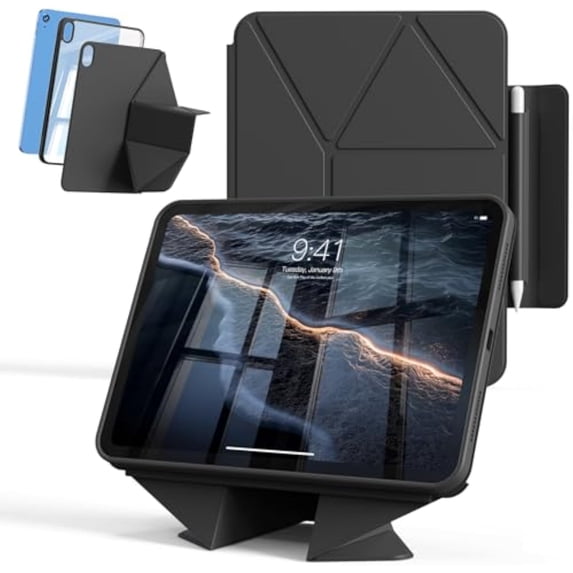 Multi-Angle Magnetic Stand Clear Back Cover for iPad Air 11" M2/M3/M4 & Air 4/5 10.9", Slim Tablet Case with Apple Pencil Slot Auto Sleep Wake, Black