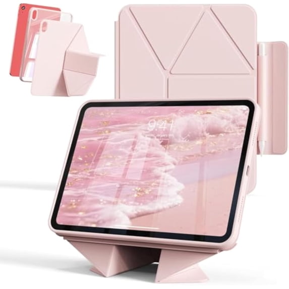Multi-Angle Magnetic Stand Clear Back Cover for iPad Air 11" M2/M3/M4 & Air 4/5 10.9", Slim Tablet Case with Apple Pencil Slot Auto Sleep Wake, Pink