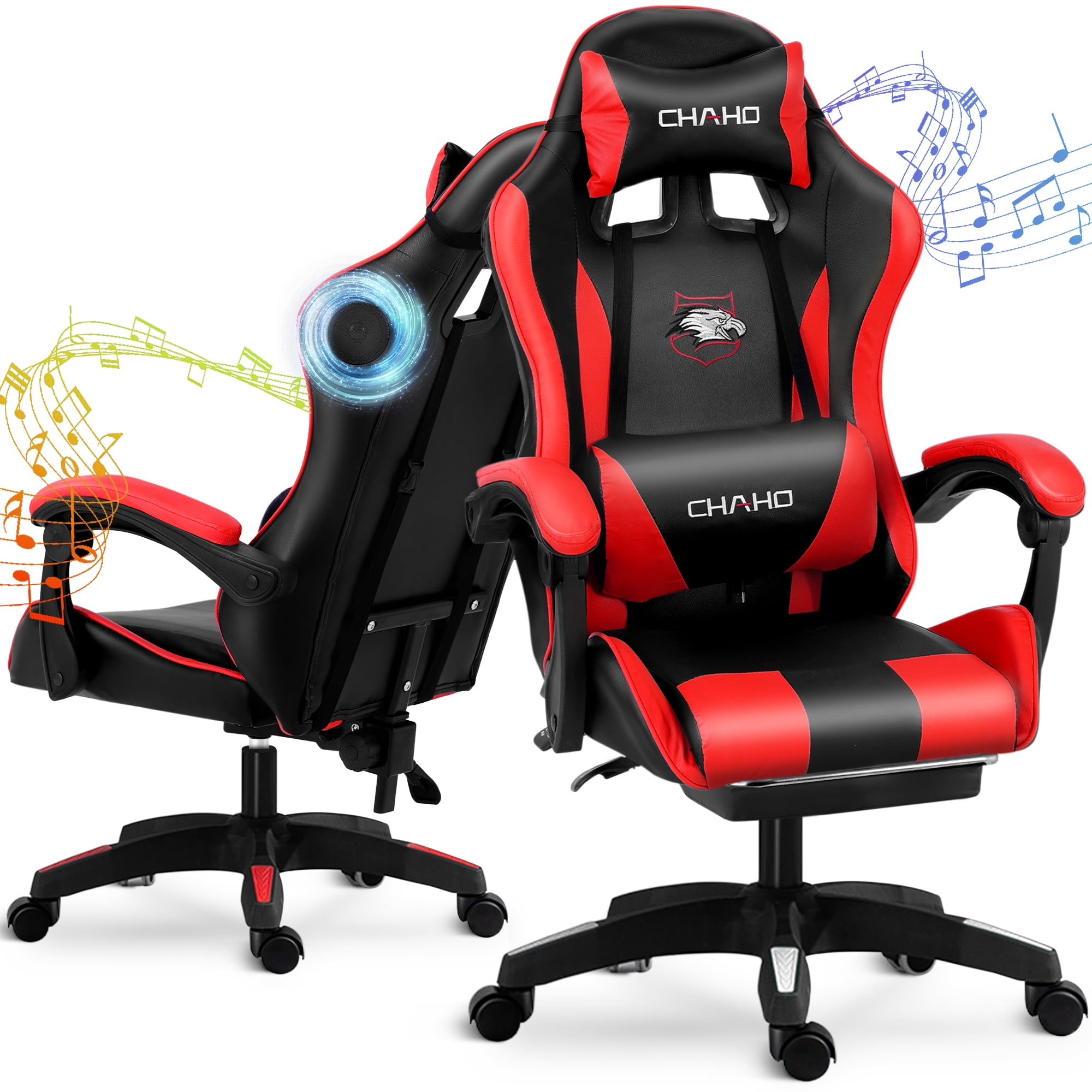 Gaming Chair CHAHO Ergonomic Office Gaming Chair Computer Racing Chair with Footrest Lumbar Support Headrest and Bluetooth Speakers for adults Red
