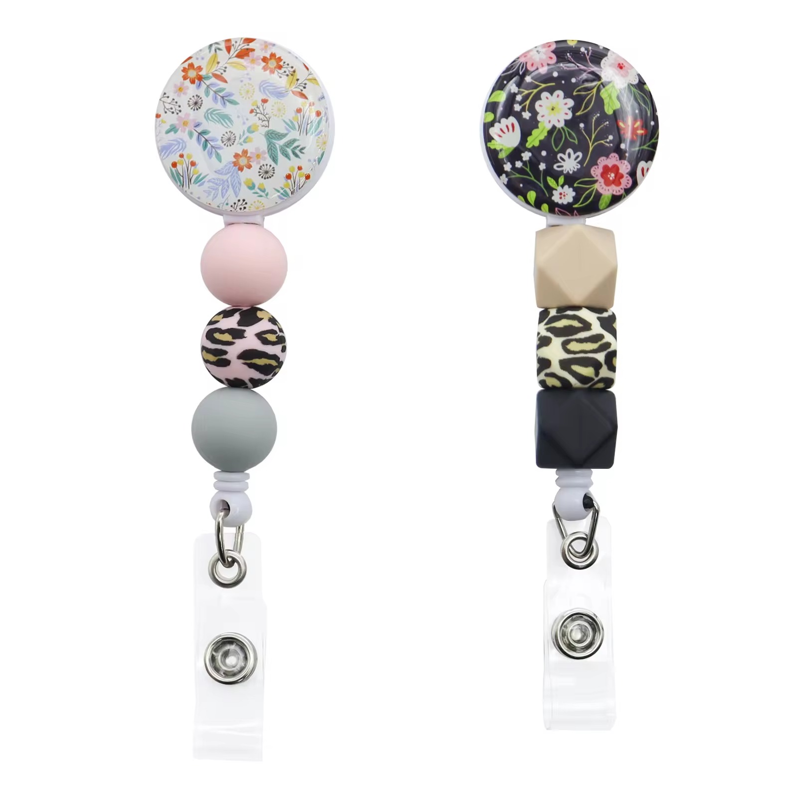 Multi-Angle Rotary Printing Silicone Beads Badge Reels for Multiple use Retractable Badge Holders Nursing Doctor Office Worker Teacher Student Name Id Decor