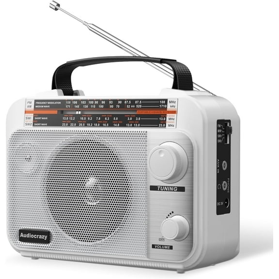 Multi-Band AM/FM/SW1-2 Radio Transistor Radio AC or Battery Operated with Best Reception Big Speaker and Precise Tuning Knob with AUX in & 3.5mm Earphone Jack WHITE