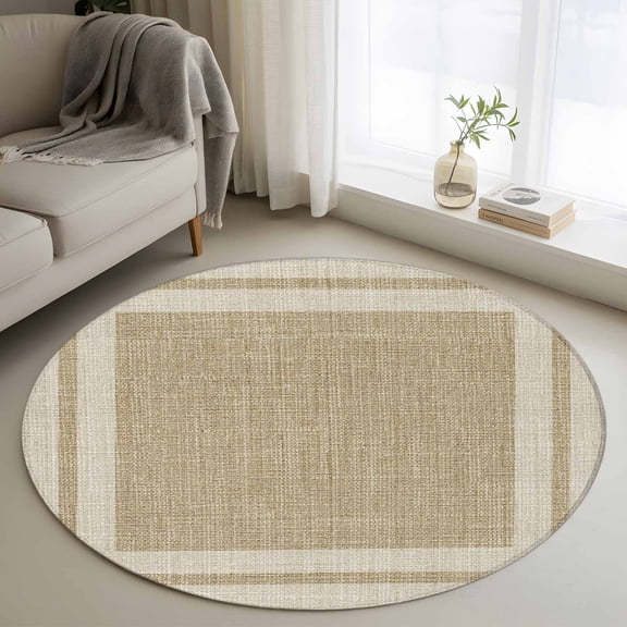 Multi Border 4FT Round Area Rugs Retro Country Khaki Beige Burlap Texture Soft Small Round Rug Non-Slip, Ultra-Thin Indoor Circle Carpet for Bedroom Entryway Kitchen Bathroom