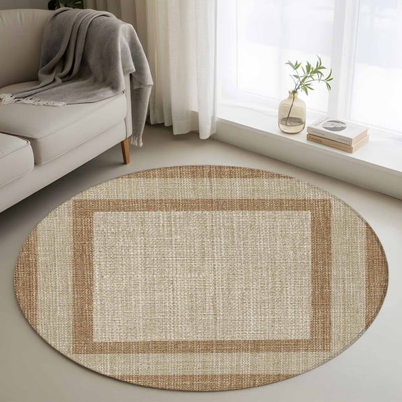 Multi Border 4FT Round Area Rugs Retro Country Khaki Brown Burlap Texture Soft Small Round Rug Non-Slip, Ultra-Thin Indoor Circle Carpet for Bedroom Entryway Kitchen Bathroom