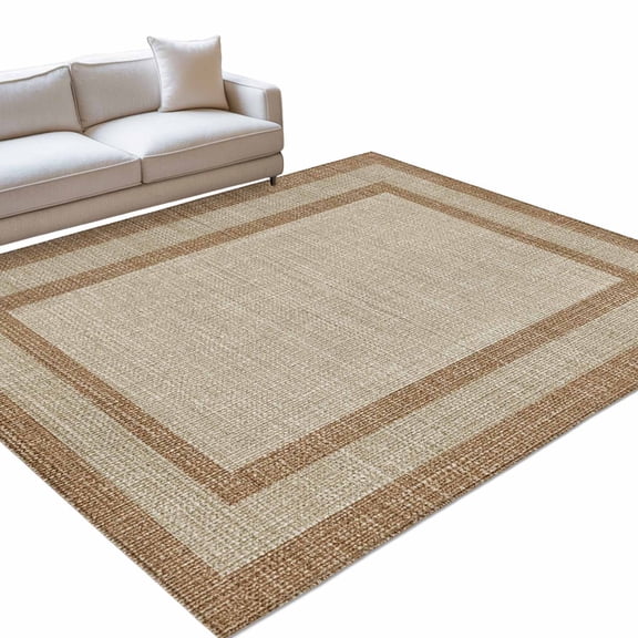 Multi Border Area Rugs 8x10ft Retro Country Khaki Brown Burlap Texture Floor Rug Non Slip Low Pile Ultra Soft Throw Carpet for Entryway Indoor Entrance Kitchen Bathroom
