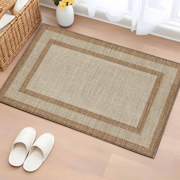 Multi Border Entryway Rug 2'x3' Retro Country Khaki Brown Burlap Texture Small Area Rug Non-Slip Front Door Mat Washable Floor Carpet for Indoor Entrance Kitchen Bathroom