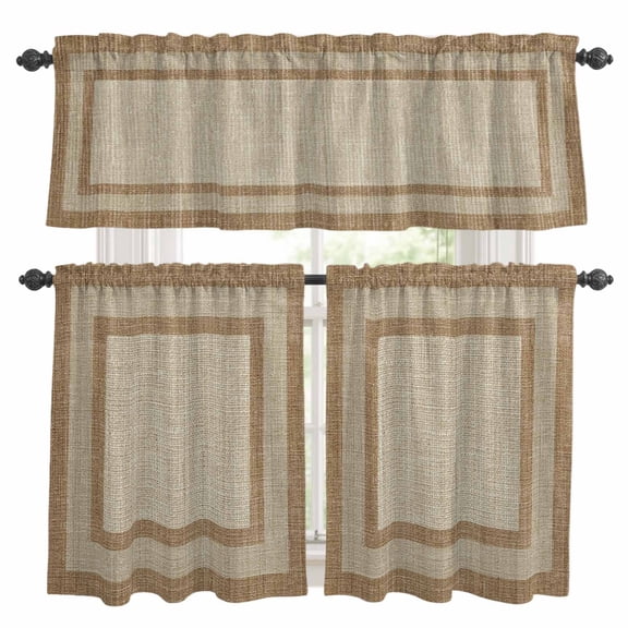 Multi Border Kitchen Curtains Set for Windows, Retro Country Khaki Brown Burlap Texture Curtains Valance and Tier 3 Piece Set Small Drapes 24 Inch Length for Kitchen Bedroom Decor