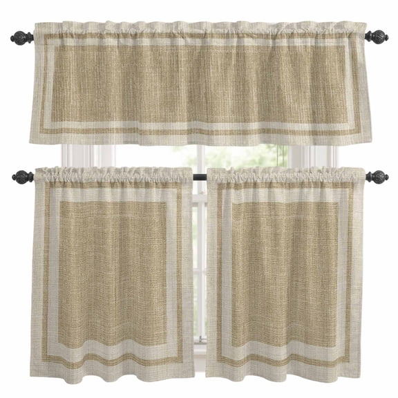 Multi Border Kitchen Curtains Valance and Tier Set Retro Country Khaki Beige Burlap Texture Rod Pocket Short Curtains for Small Window 3 Pieces Set for Bedroom Bathroom Cafe (54" x 18"+27" x 36")