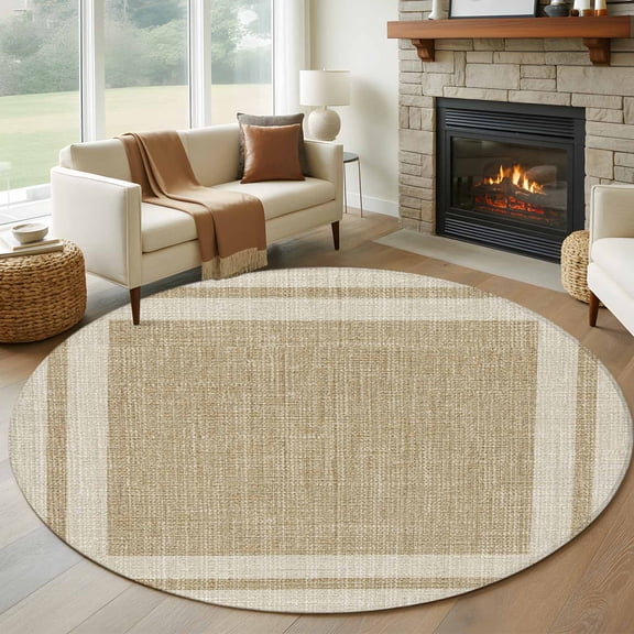 Multi Border Round Rug 5Ft Retro Country Khaki Beige Burlap Texture Circle Area Rugs Washable Non Slip Indoor Floor Mats Carpet for Living Room Bedroom Dining Room Home Decor