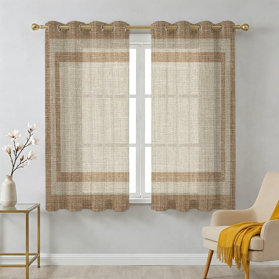 Multi Border Sheer Curtains 45 Inch Long 2 Panels, Retro Country Khaki Brown Burlap Texture Light Filtering Semi Sheer Drapes Grommet Voile Window Curtain for Living Bedroom W42 x L45